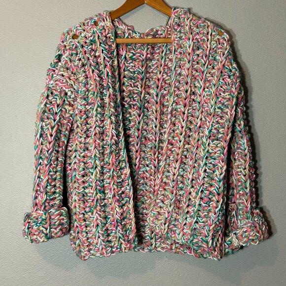 Women's Luxury Chunky Crochet Cardigan Multicolor Pastel Size L/XL - Picture 3 of 5